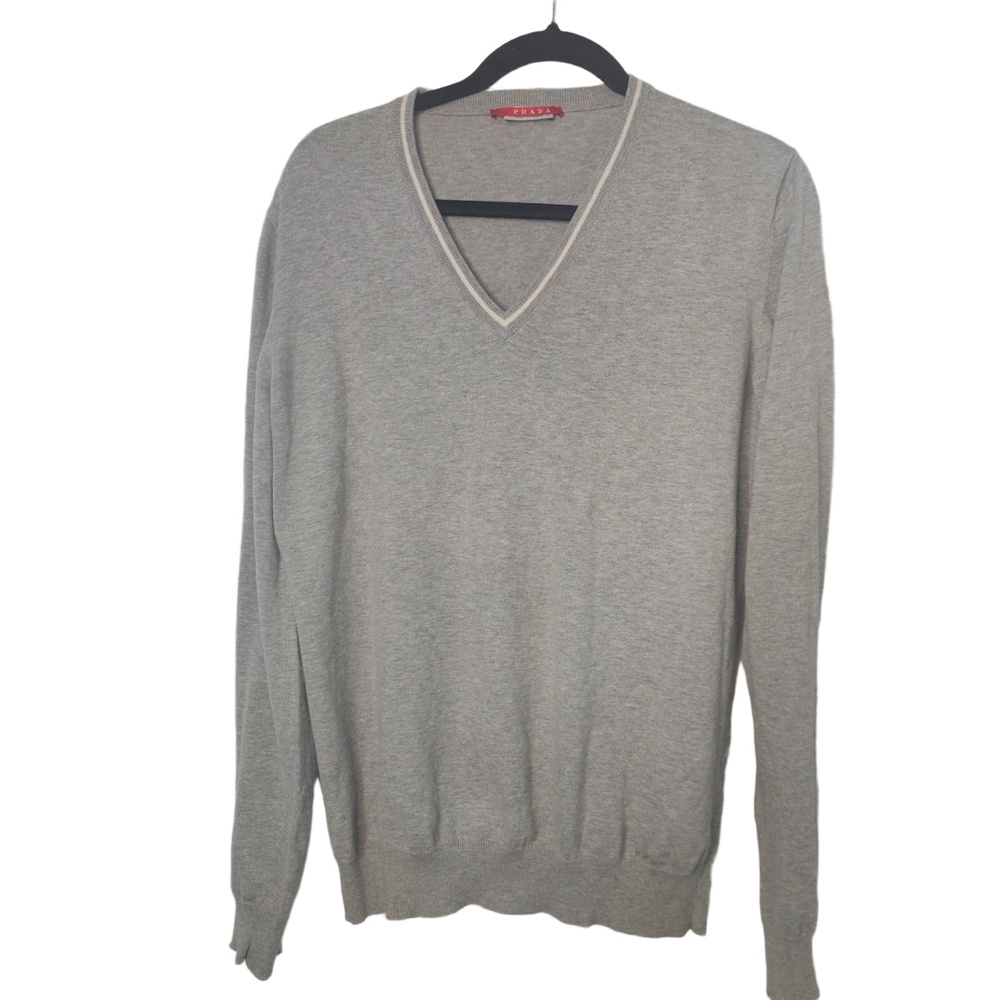 Prada Gray V-Neck Men's Sweater with Contrast Trim